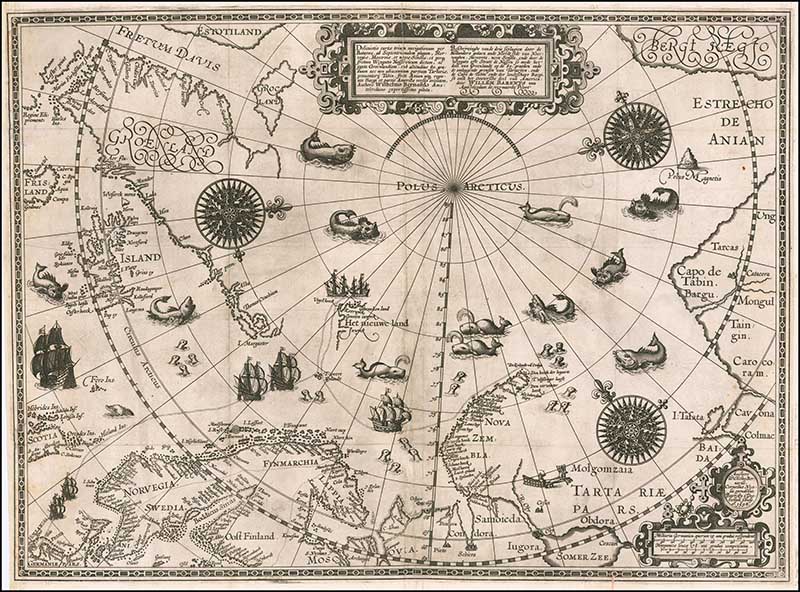 Description of the three passages made by the Dutch through the North side of Norway, Moscovia, Nova Sembla, and through the Weygats or Strate de Nassou, as well as the part of Greenland at 80 degrees and the surrounding borders of Tartary and the Capo de Tabin and the landscape of Bargi, as well as the Eastern part of America