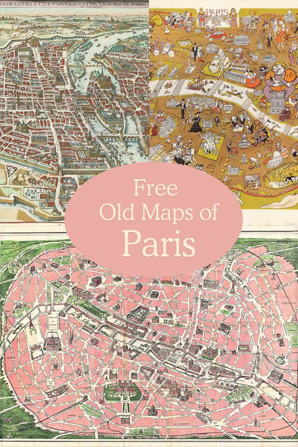 collage of old antique vintage maps of Paris pin