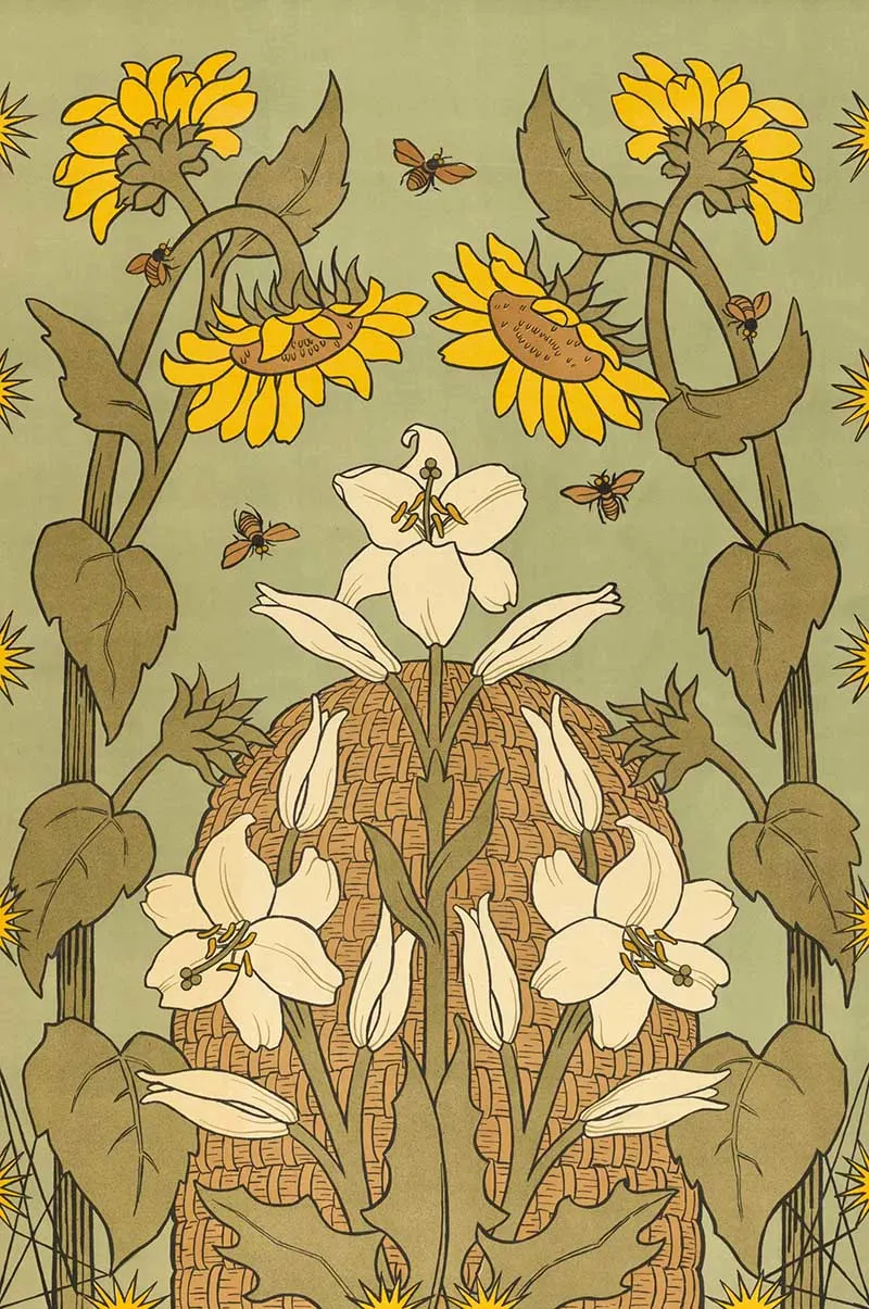 art nouveau illustration of sunflowers a bee hive and bees