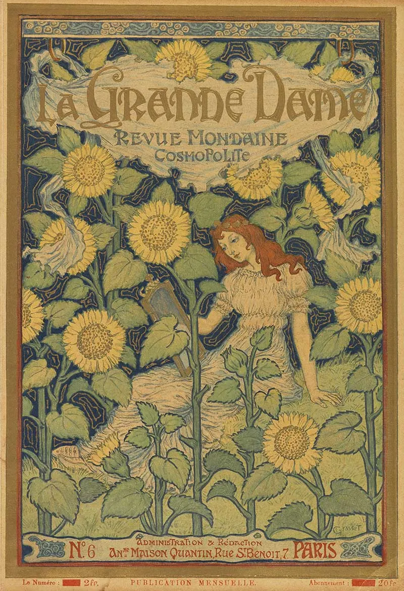 art nouveau magazine cover of girl sitting in a field of sunflowers