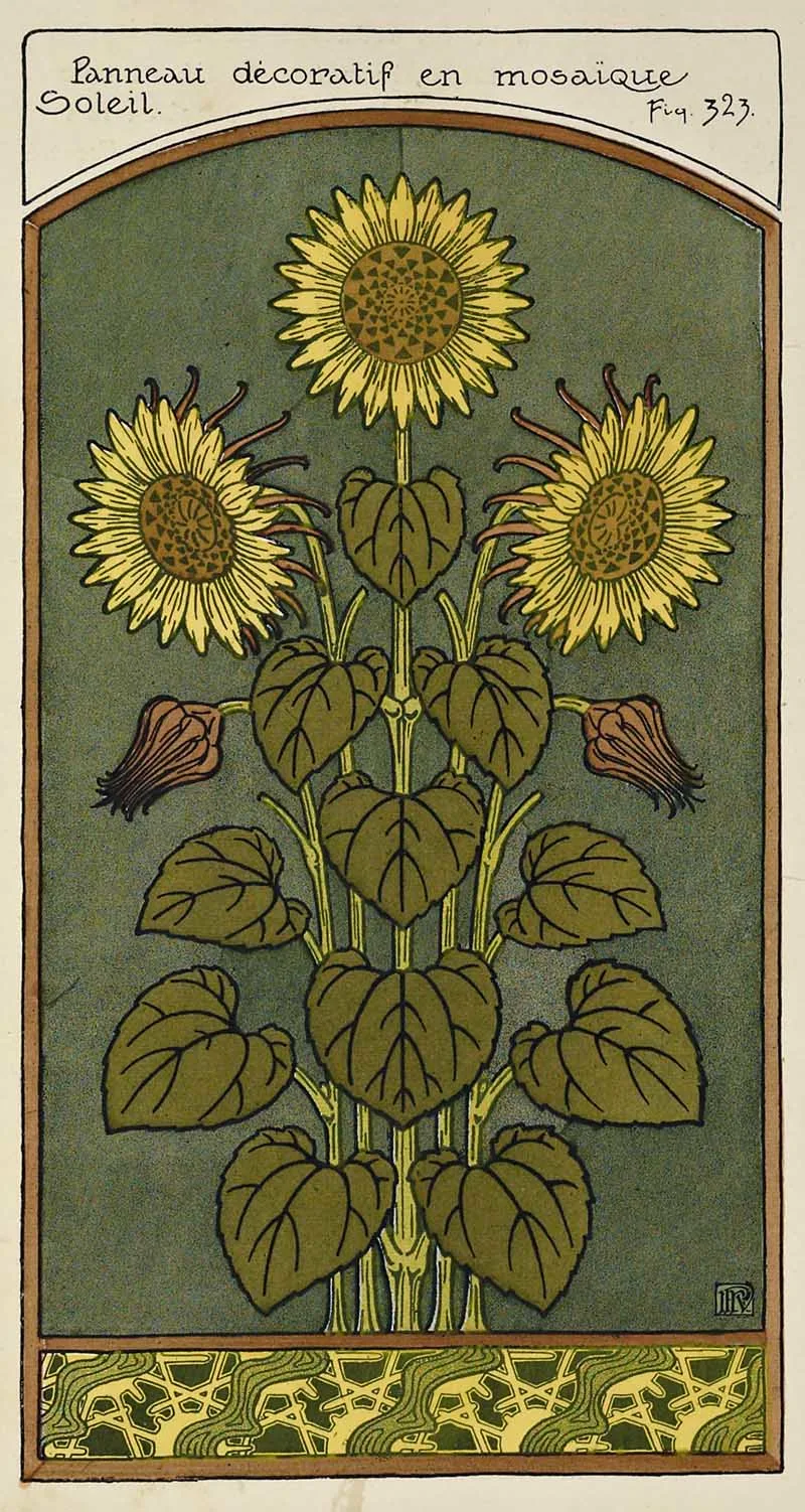 art nouveau illustration of 3 sunflowers