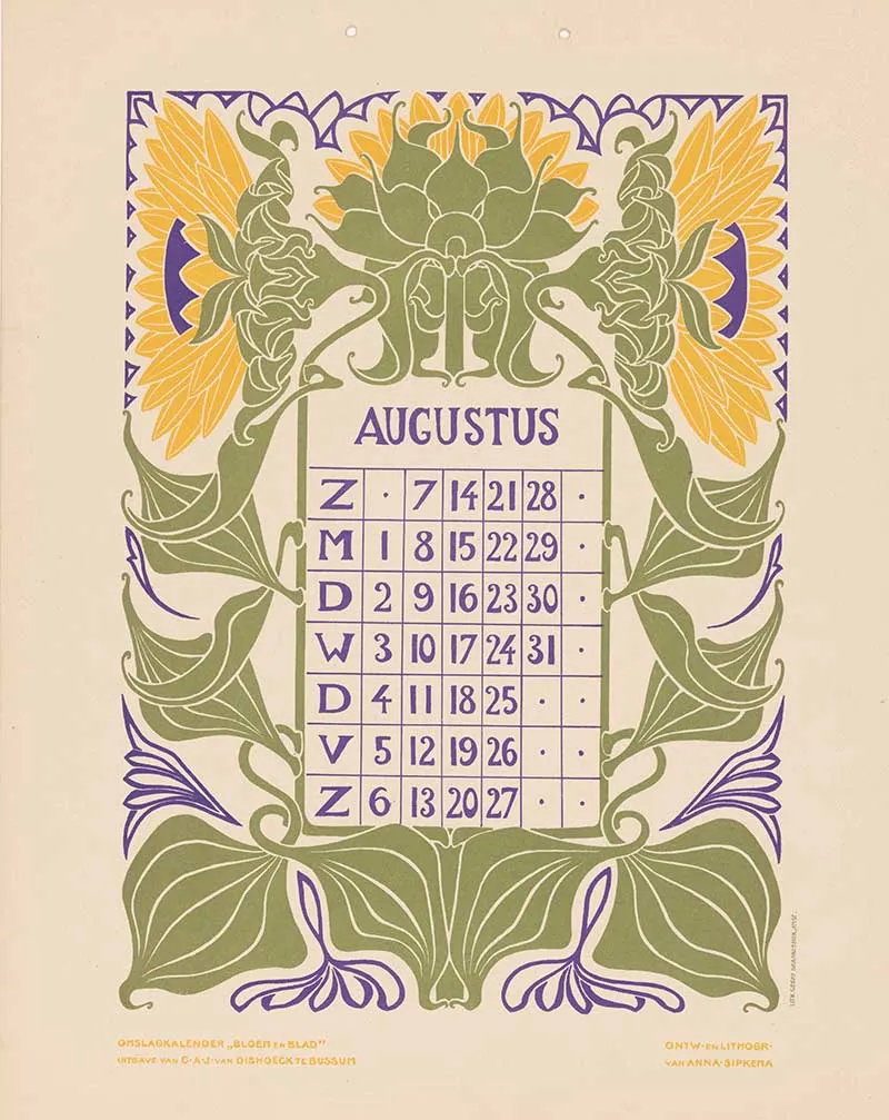 august calendar page illustrated with a sunflower motif border