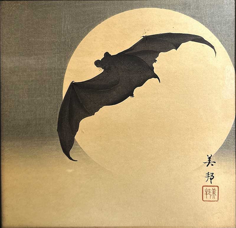 Japanese woodcut of bat in moonlight