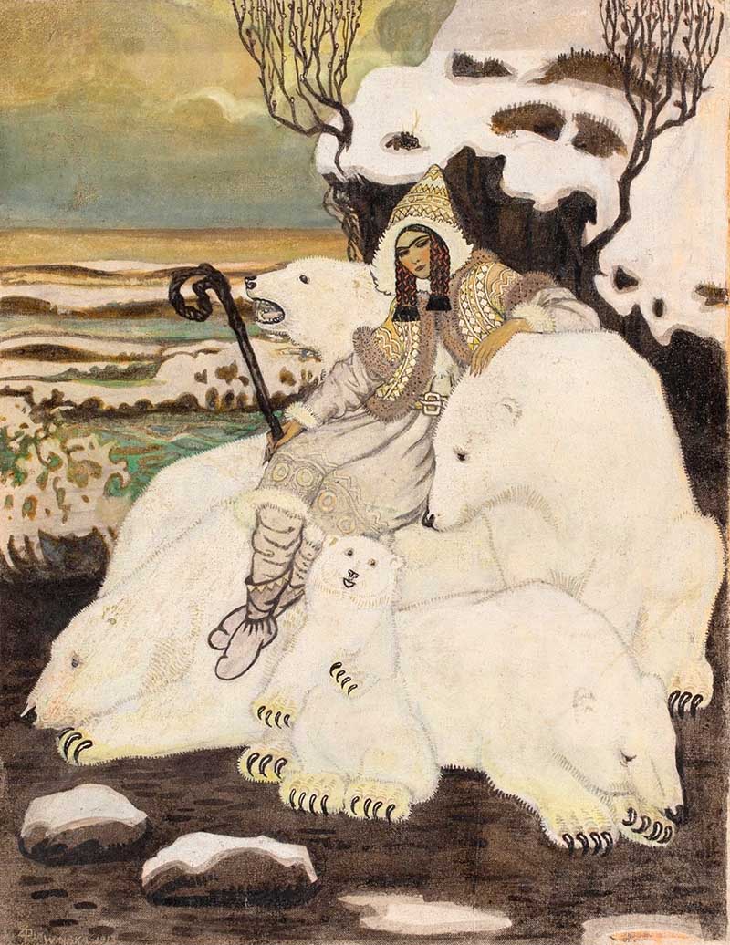 polar bear shepherdess sitting on top of family of polar bears