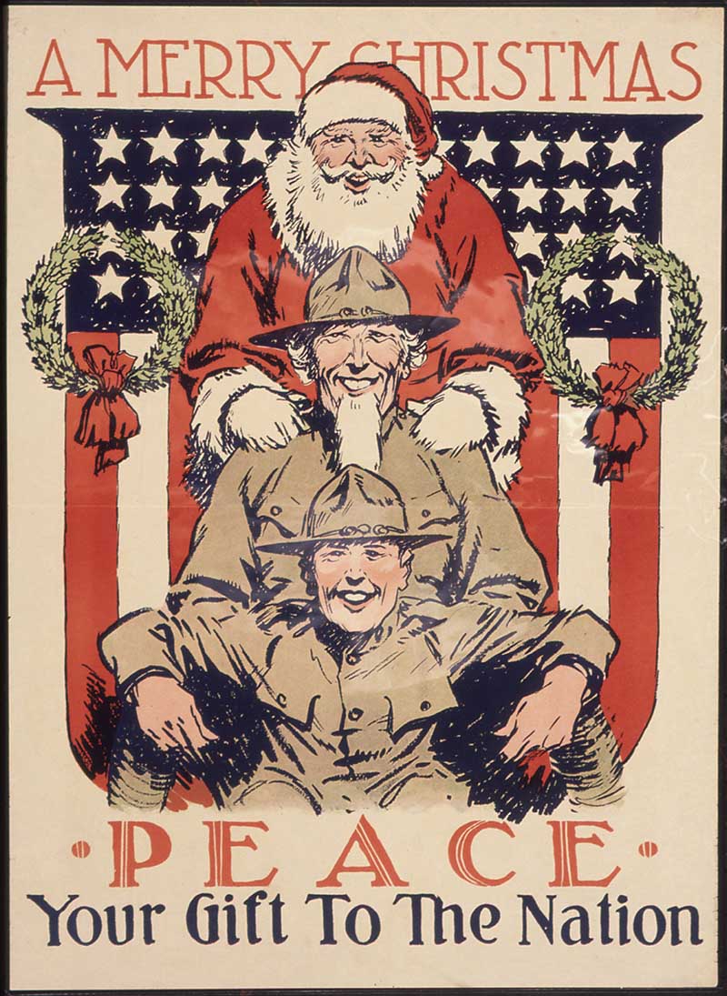 American flag, Father Christmas and 2 Soldiers poster advertising peace