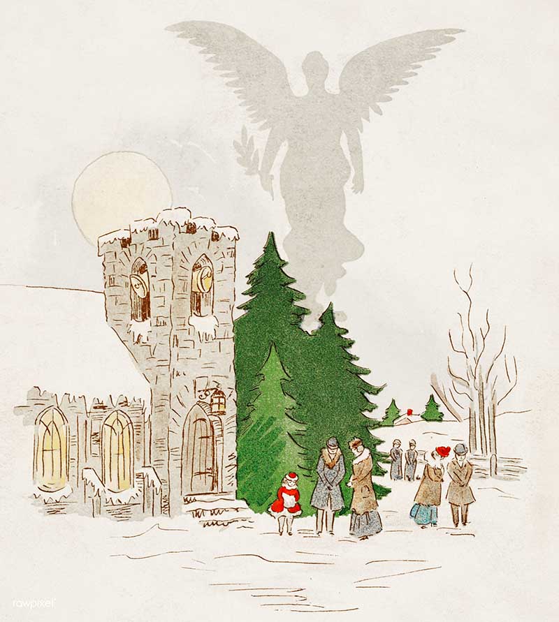 A wintery Christmas Church scene with an angel silhouette.