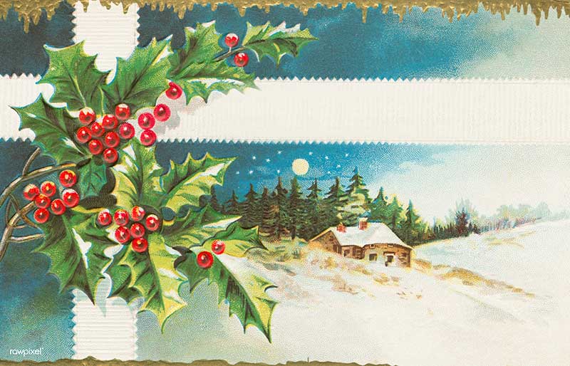 Christmas postcard of cabin in the snow with holy decoration.