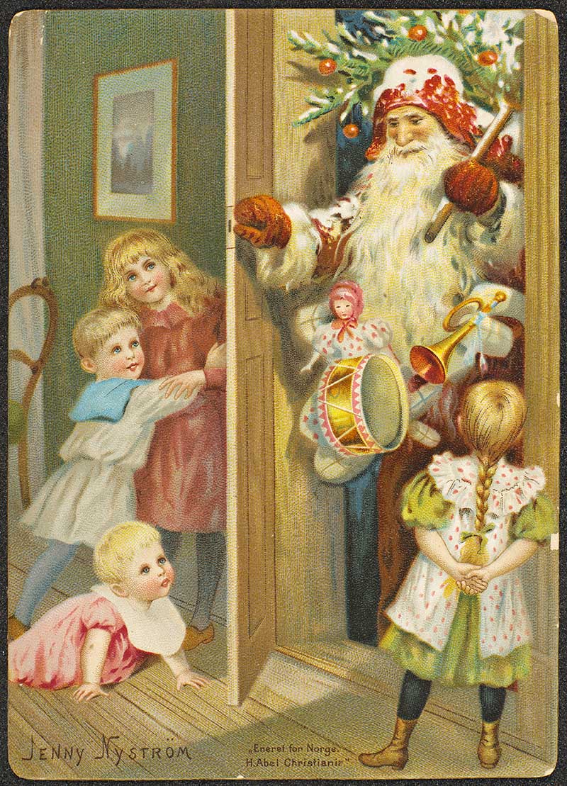 Santa at the door with toys room full of Children