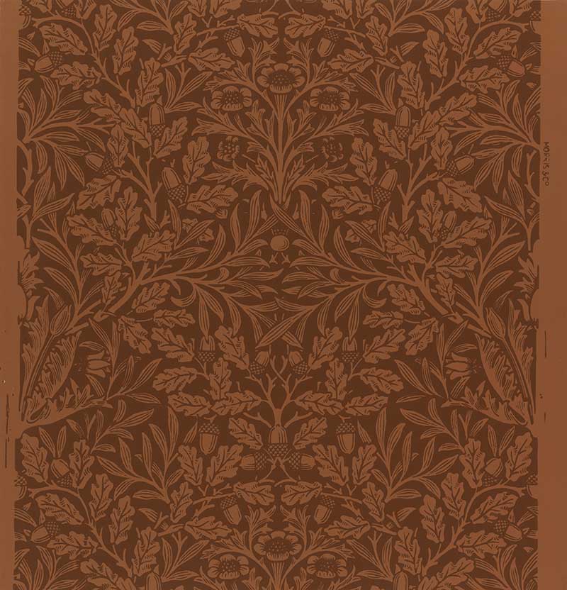 Acorns and oak leaves interspersed with a vine and flowers. William Morris Wallpaper