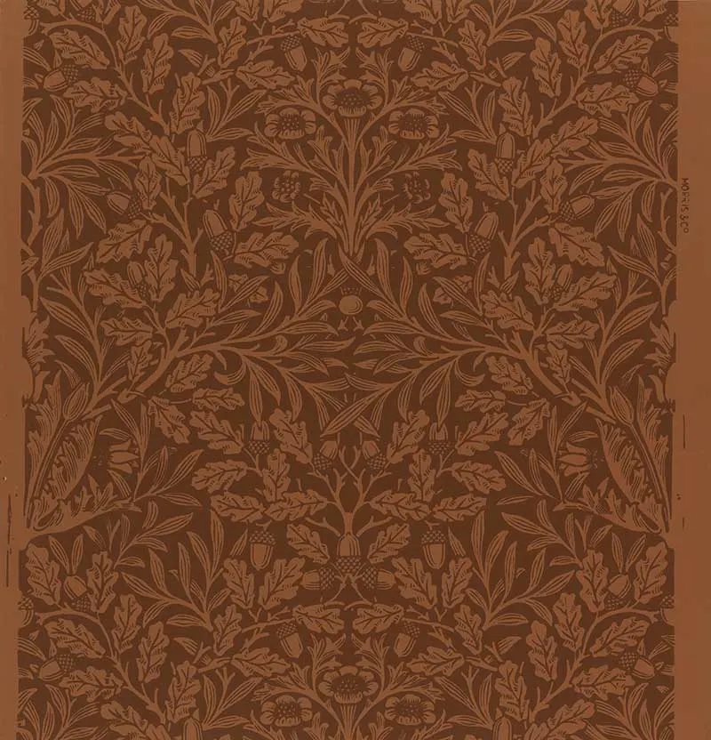 Acorns and oak leaves interspersed with a vine and flowers. William Morris Wallpaper