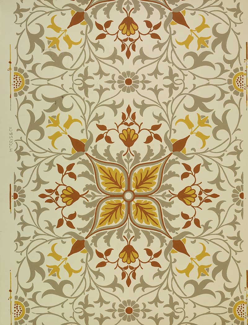 Ceiling paper William Morris Flat flower and leaf forms springing from central quatrefoil.