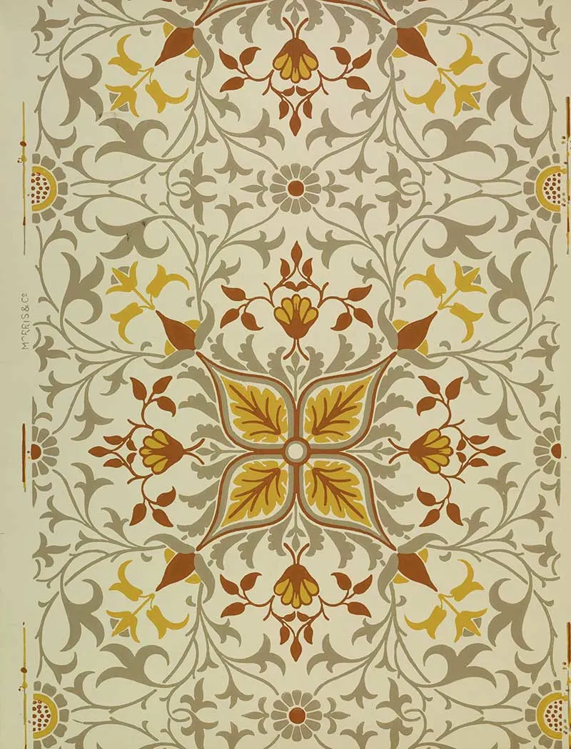 Ceiling paper William Morris Flat flower and leaf forms springing from central quatrefoil.