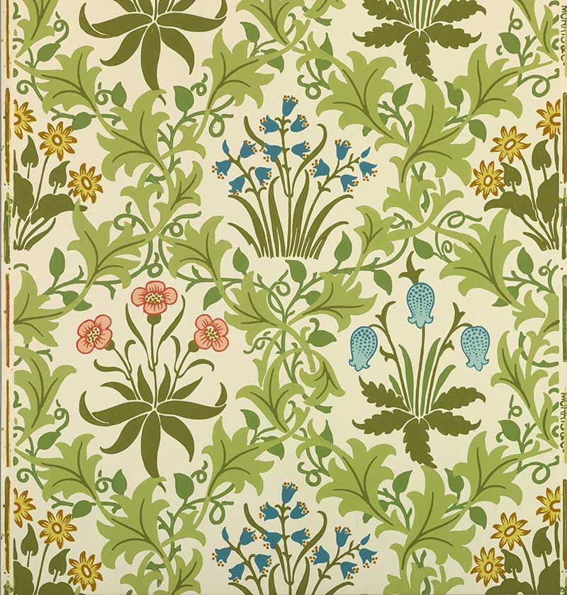 Alternating horizontal rows of clusters of flowers, including Lily of the Valley and Bluebells, surrounded by bower-like pattern of vines. Printed in blue, salmon and green on off-whit. Celadine william Morris Wallpaper