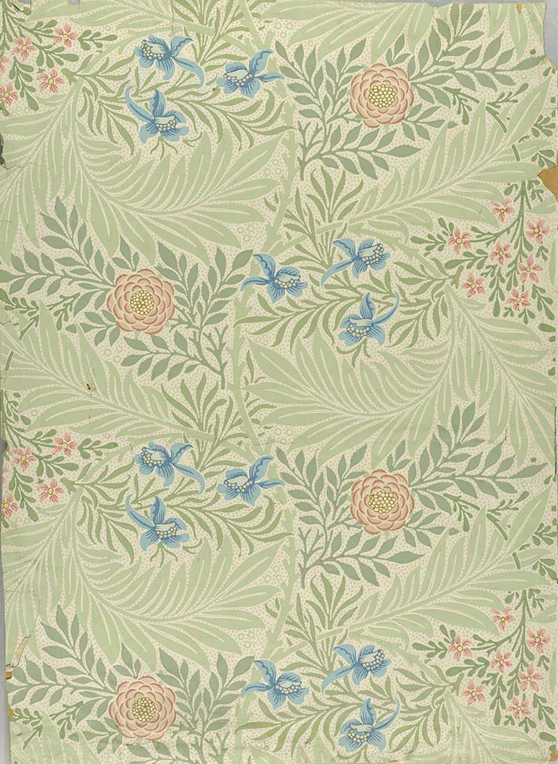 Larkspur Wallpaper William Morris All-over floral and foliage design. Printed in pink, blue and green on off-white ground.