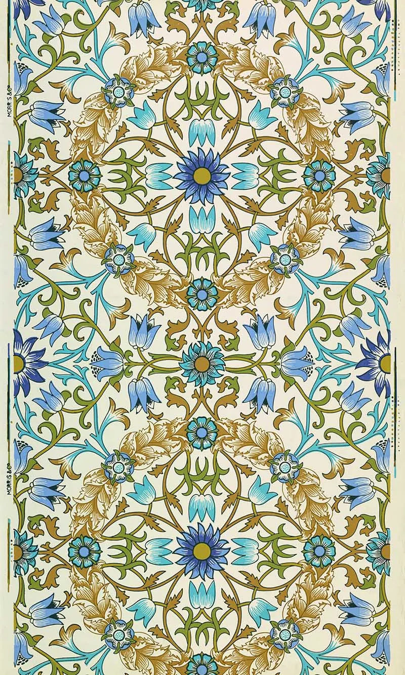 Vine Wallpaper William Morris Vine" printed in blues, lavenders and greens.