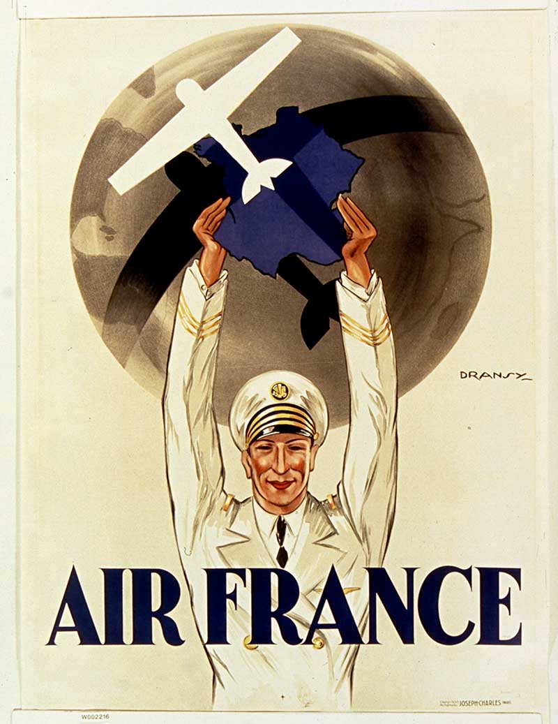 1933 advertising poster for air france pilot holding an aeroplanee