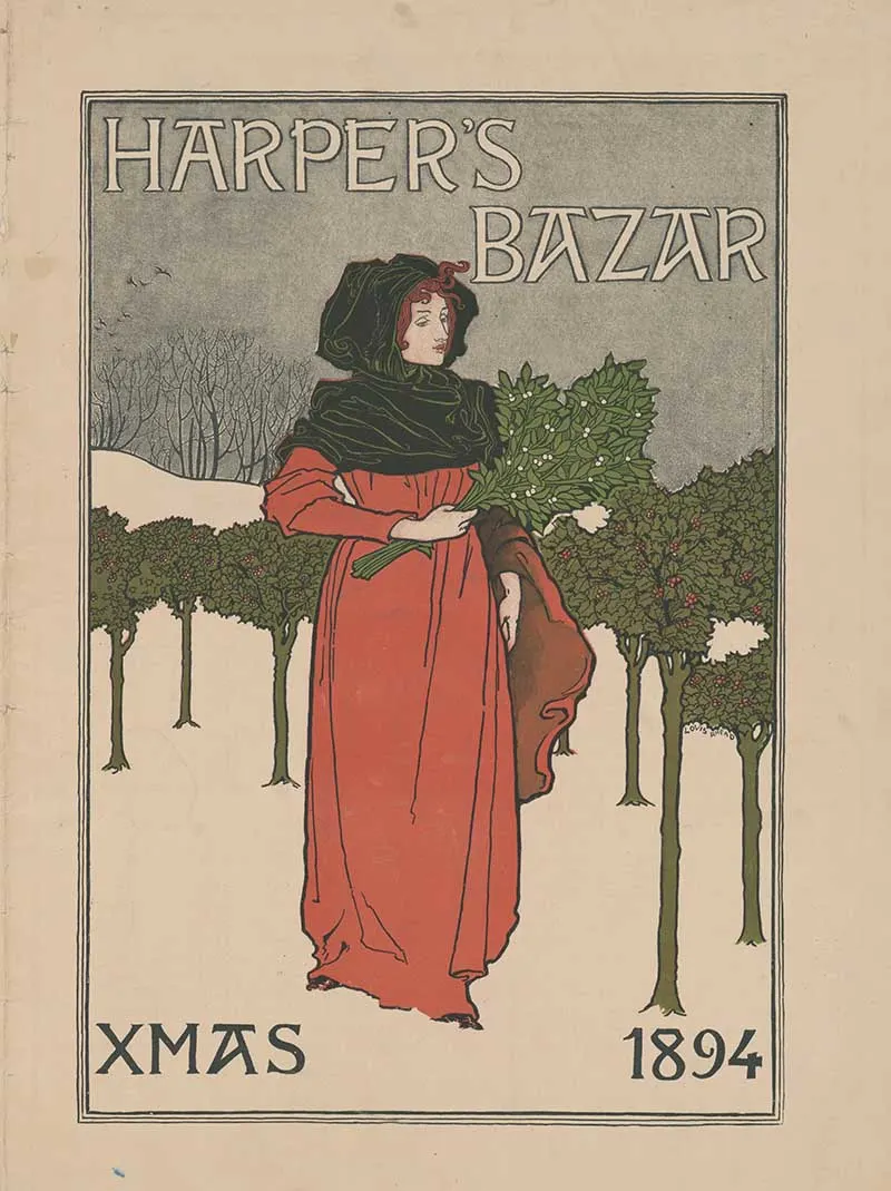 woman collecting mistletoe Art Nouveau Christmas magazine cover