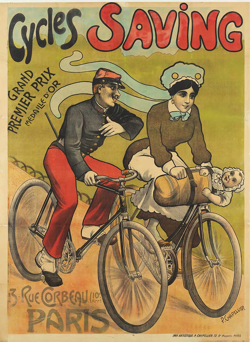 Vintage art nouveau bicycle poster of a man and woman on a bicycle carrying a baby