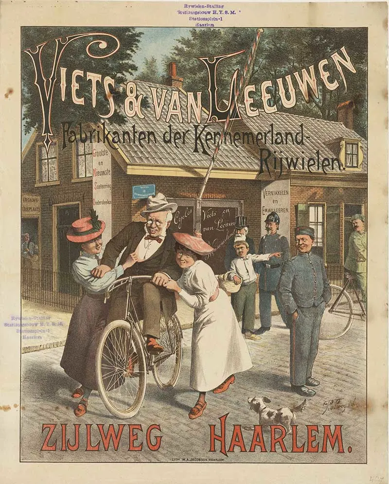Caricatured representation of an old man being held on a bicycle by two younger girls. In the background, a police officer, a portly older man with a beard and top hat, an errand boy, a soldier and a postman are looking on, laughing. Color lithograph, signed.