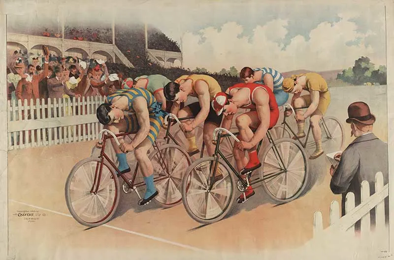 Lithograph of a bicycle race scene with stadium crowds 1895