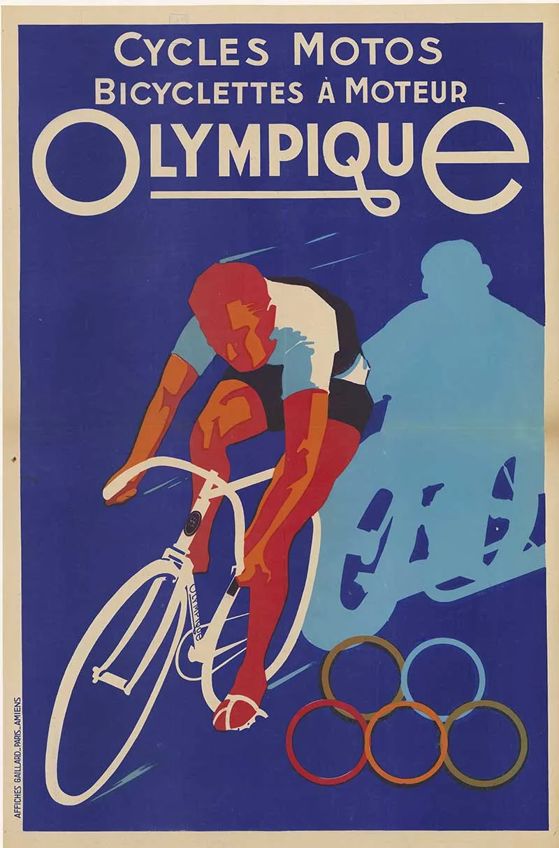 man on racing bike with olympic rings vintage cycling poster
