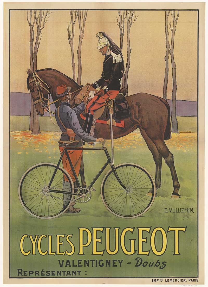 Solider on horse and man with Peugeot bicycle art nouveau bike advertisement poster
