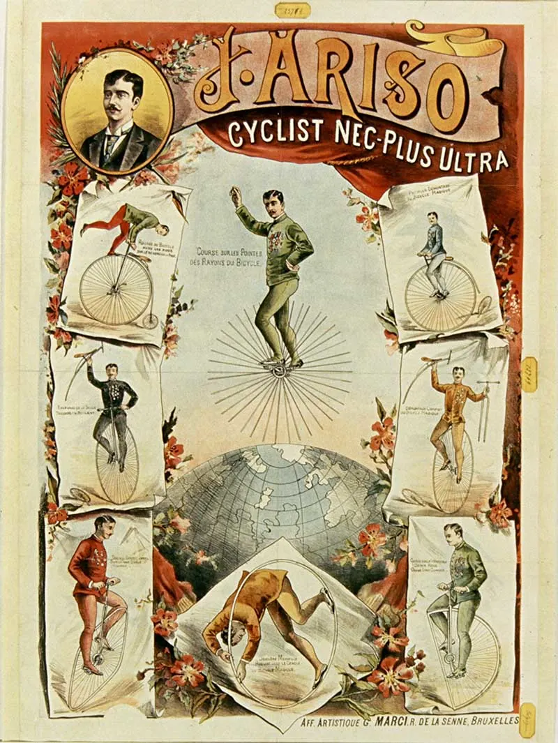 circus poster for a unicyclist showing several images of man on a unicycle