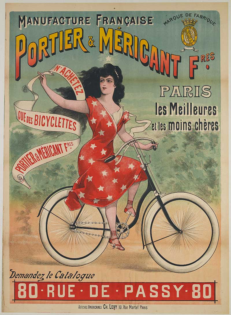 French lady in a red dress riding a bicycle vintage poster illustraiton