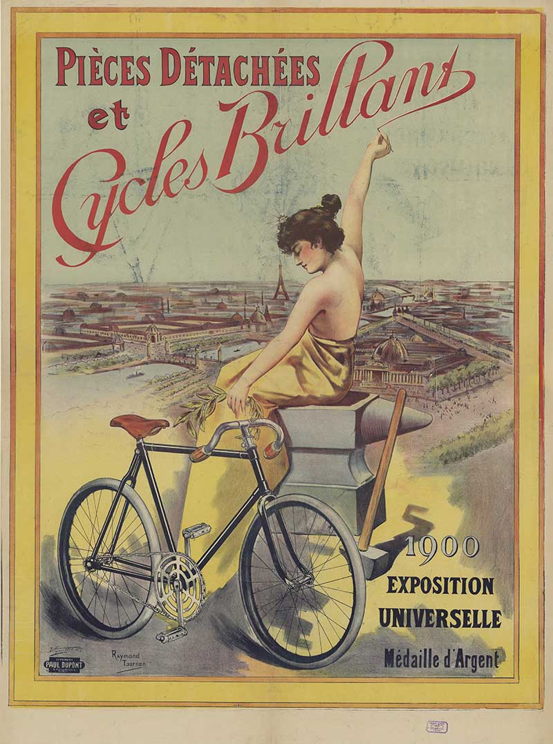 women with bicycle with scenic view of Paris in the background 1900 poster