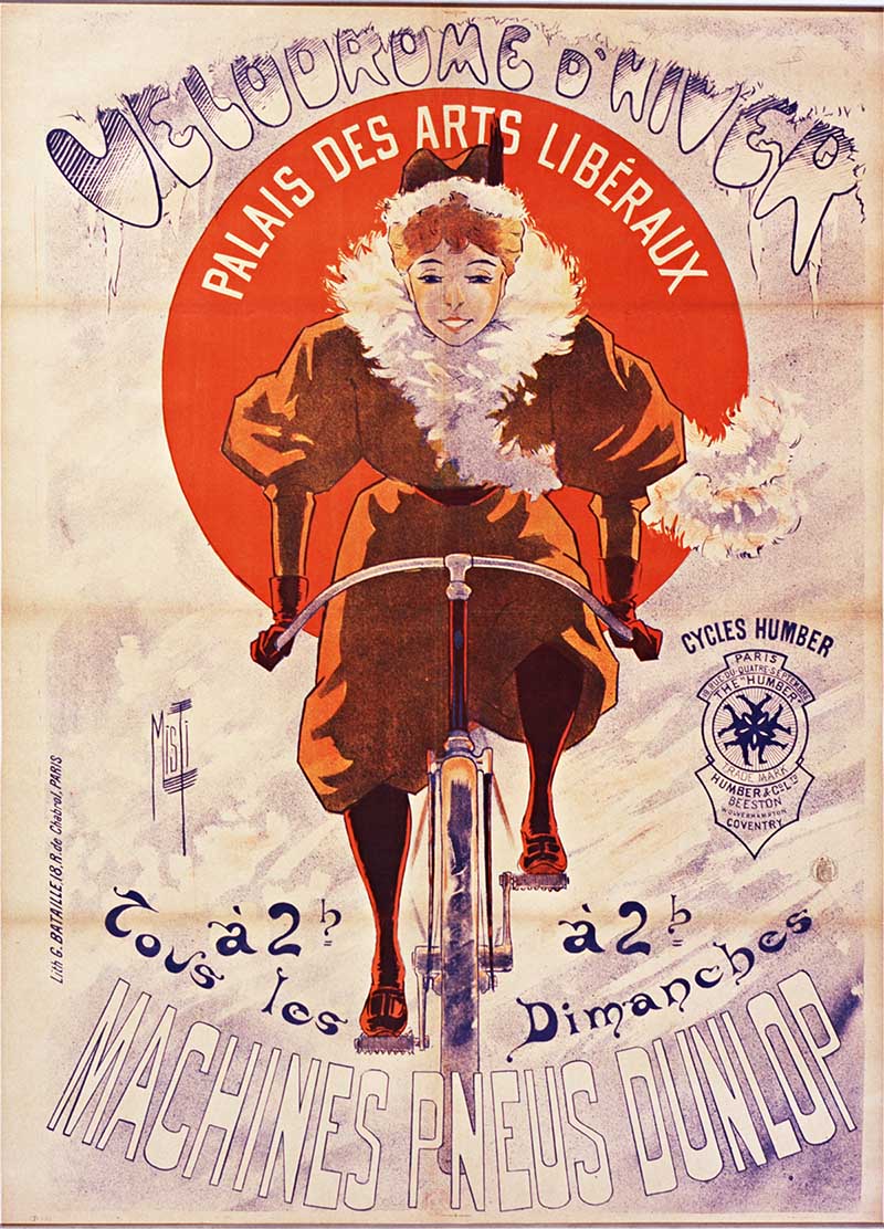 girl in Santa suit riding a bicycle Art Nouveau cycle advert