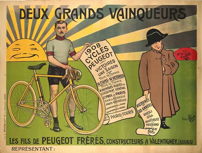 Tour de France entrant with a Peugeot cycle and a man in French military uniform