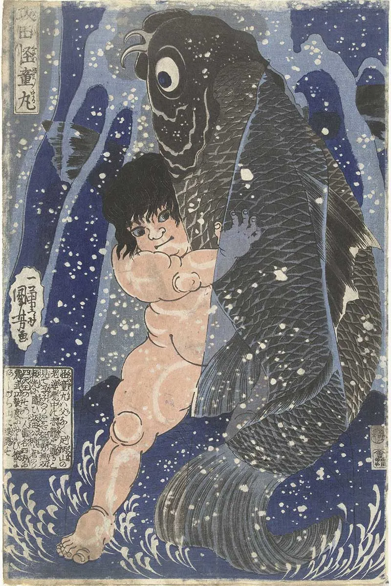 Boy with carp utagawa-kuniyosh woodblock fish print