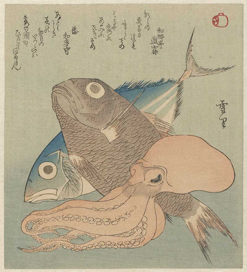 Tuna carp and octopus still life japanese woodblock print