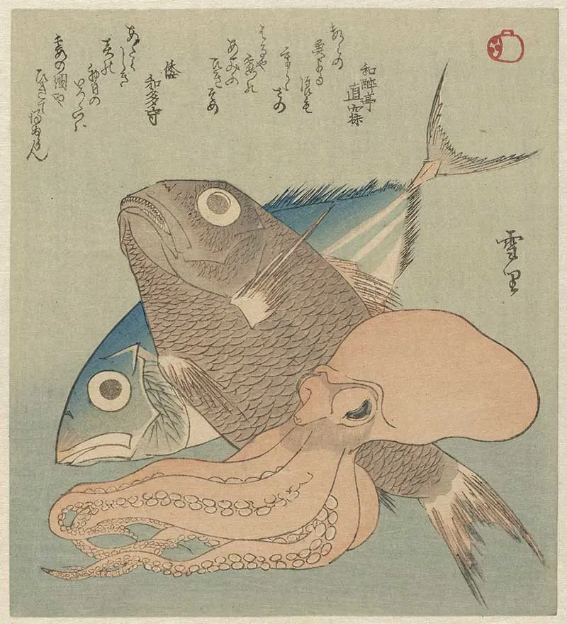 Tuna carp and octopus still life japanese woodblock print