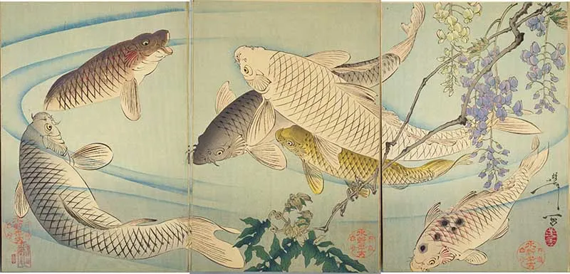 Tsukioka Yoshitoshi koi pond woodblock print panel