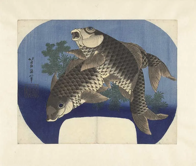 Japanese woodblock print by Katsushika Hokusai of two carp