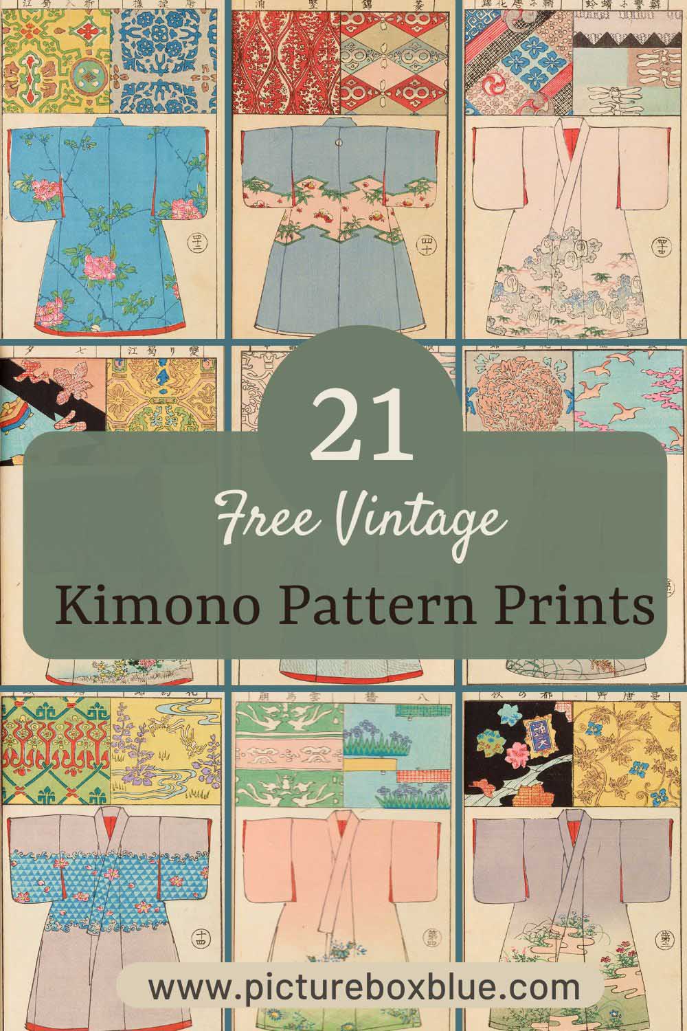 collage of vintage kimono pattern art prints with text overlay