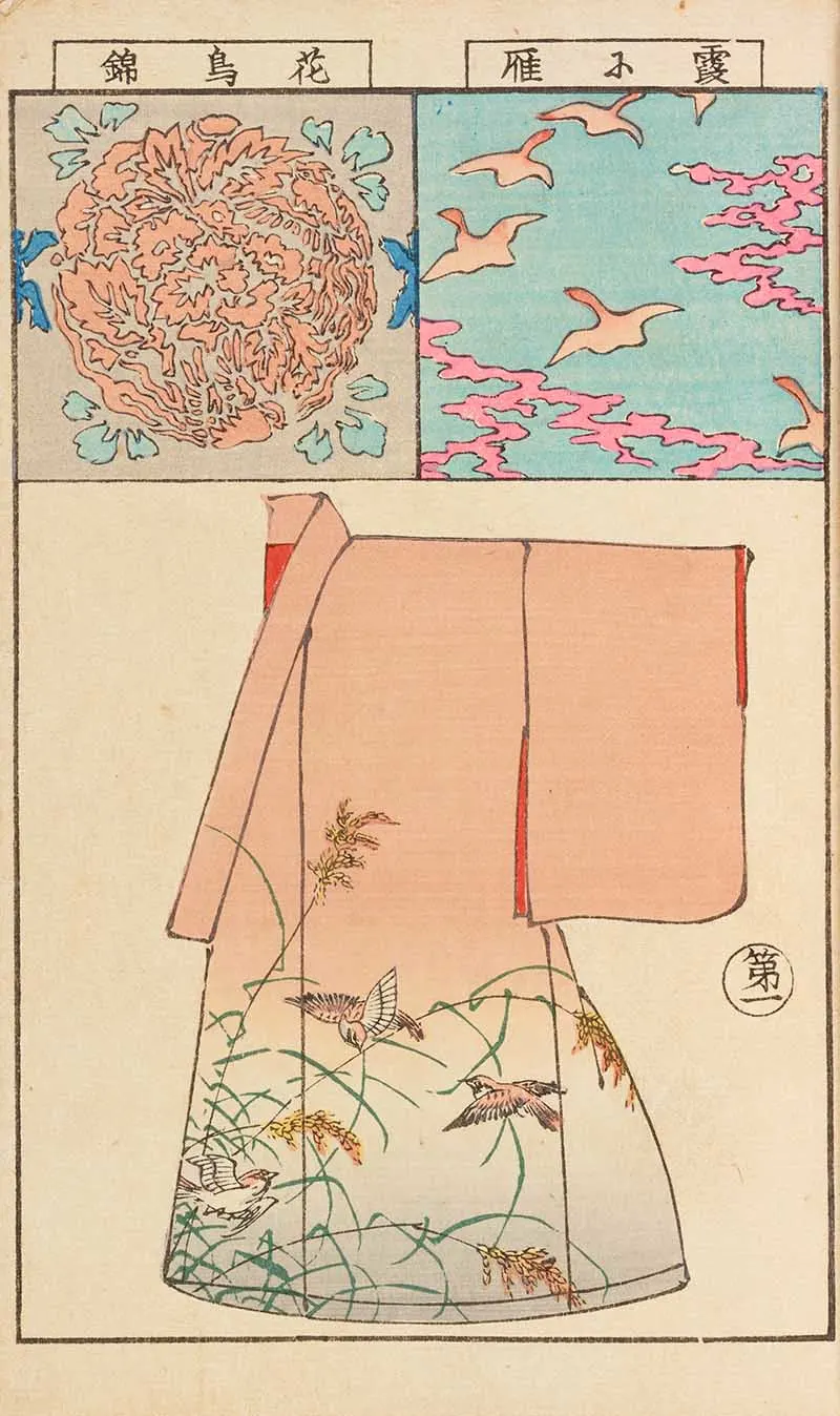 peach kimono with birds