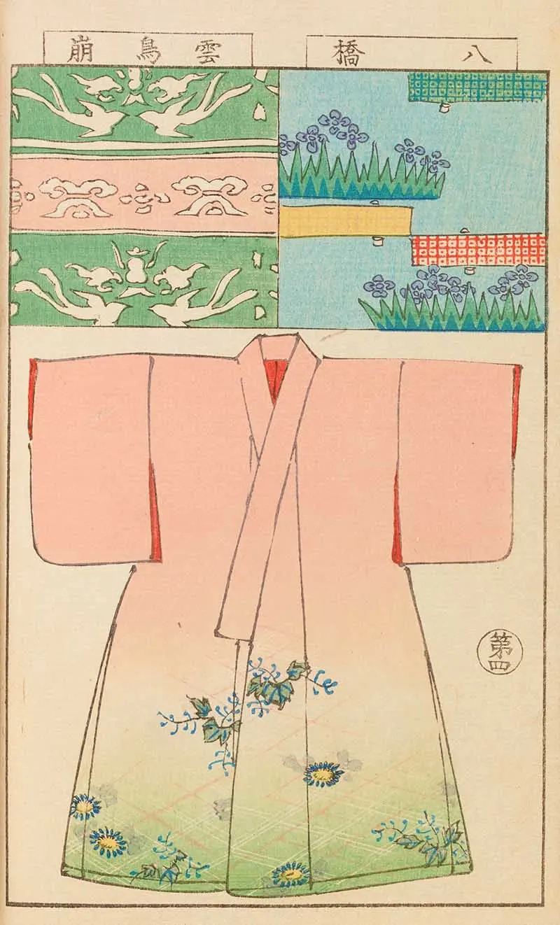 peach kimono with blue flowers