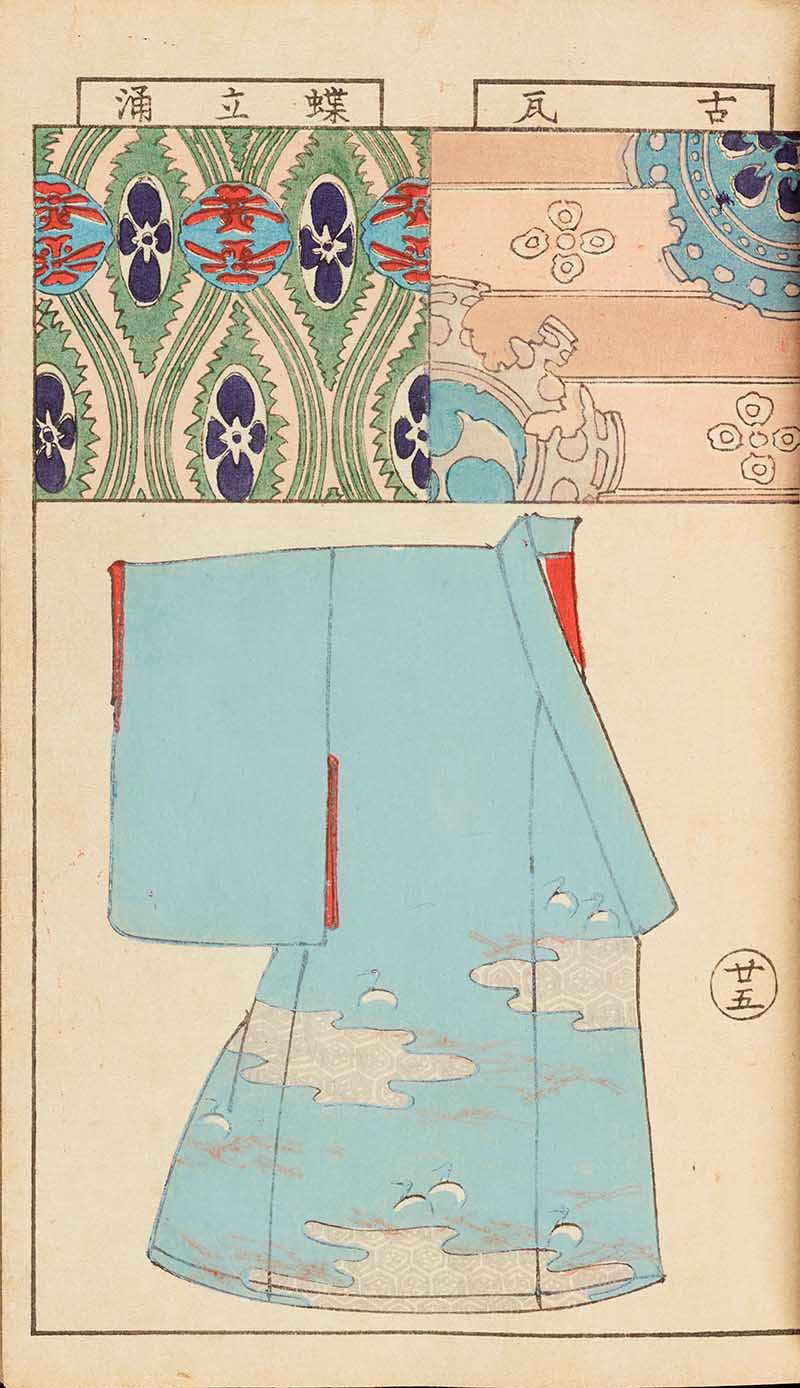 side illustration of a blue kimono with cloud motive