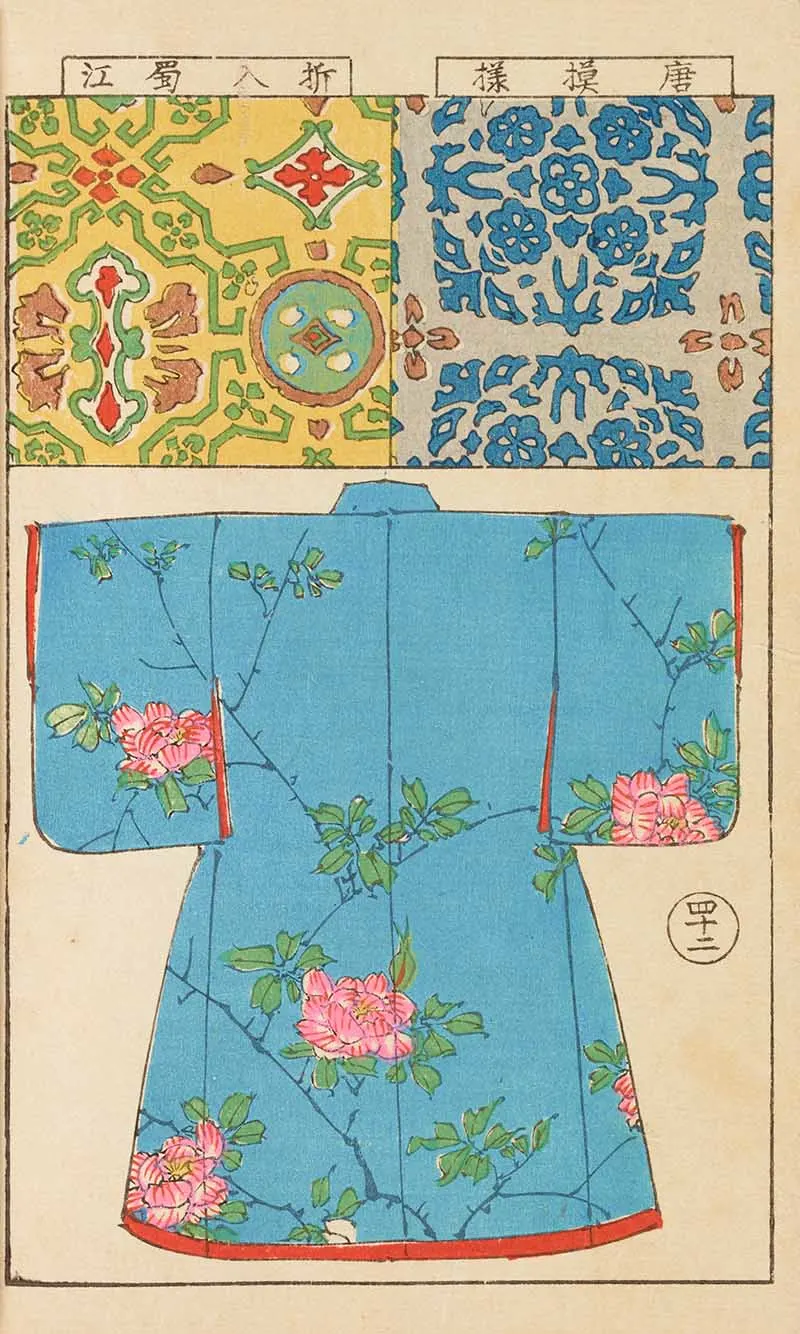 back of blue kimono with pink flower pattern