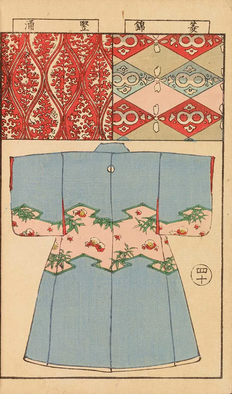 blue kimono back with flower and leaf pattern