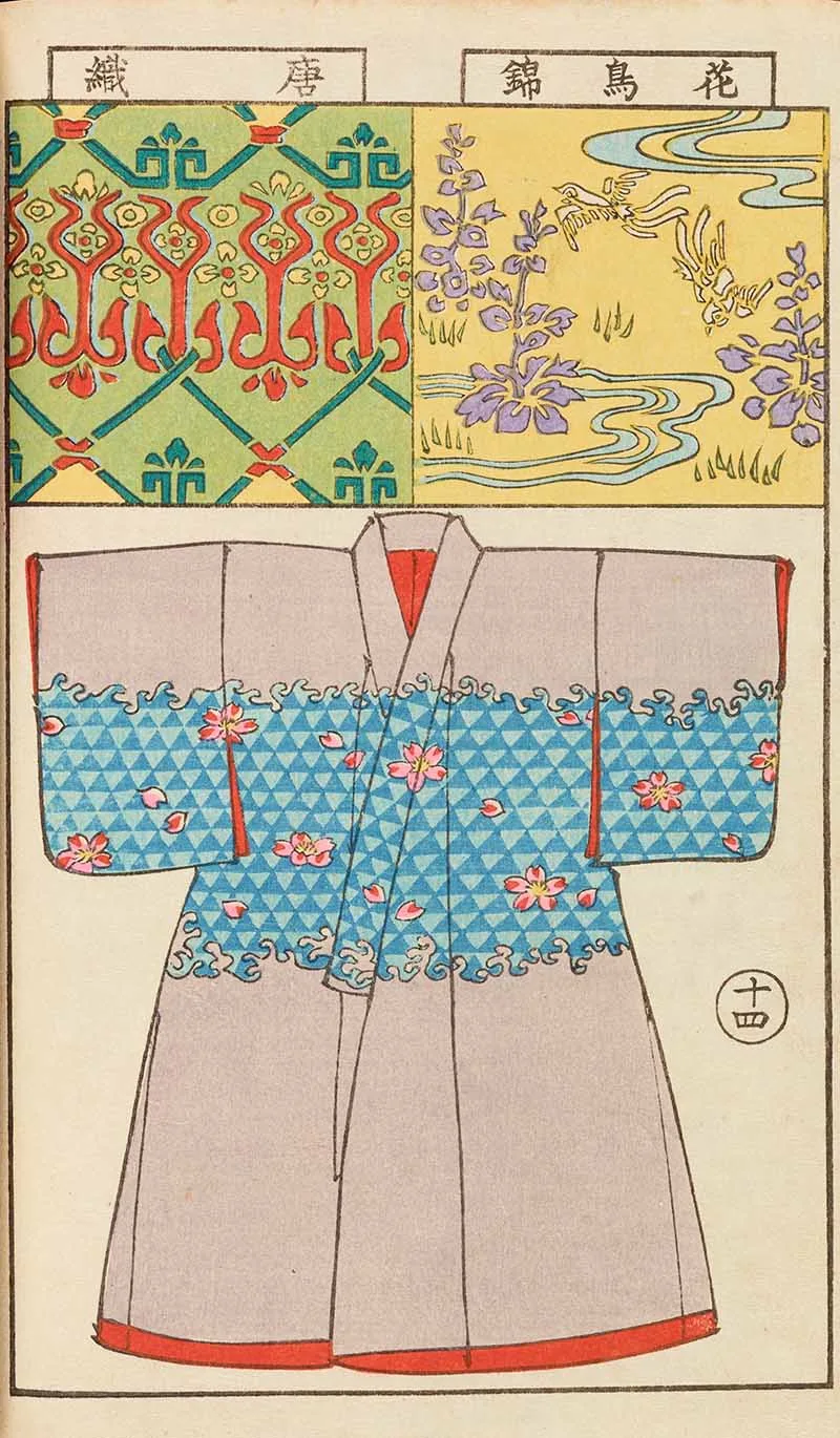 front of kimono with flowers and blue triangle pattern vintage print