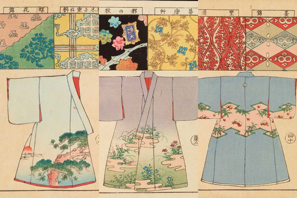 three kimono patterns side, back and front view
