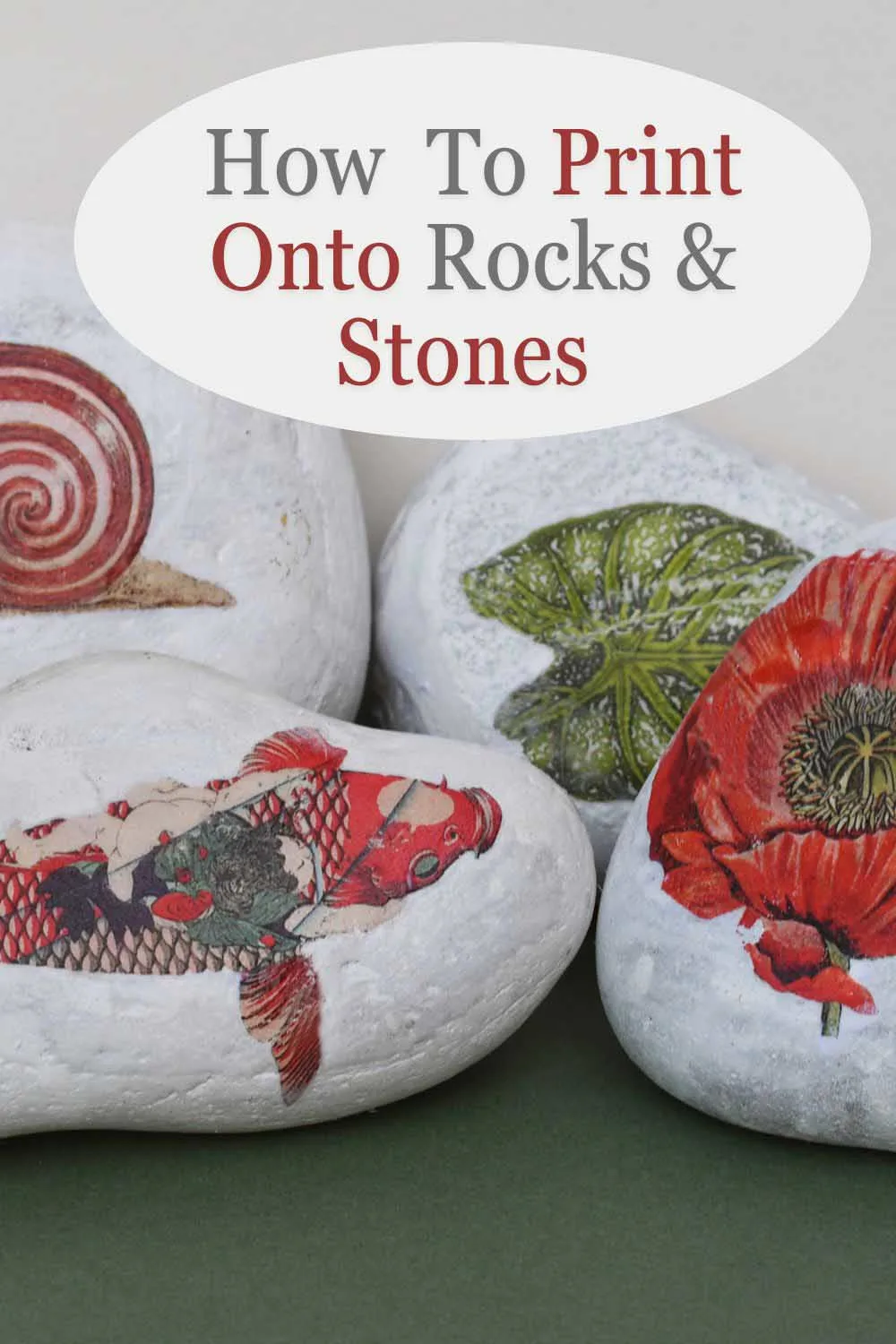 four rocks stones with printed vintage images and text overlay for pin