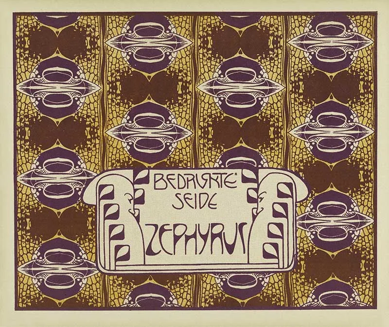 Koloman Moser Art Nouveau pattern Zephyrus Printed SilkPattern of split seed pod-like forms in purple, brown and orange. 