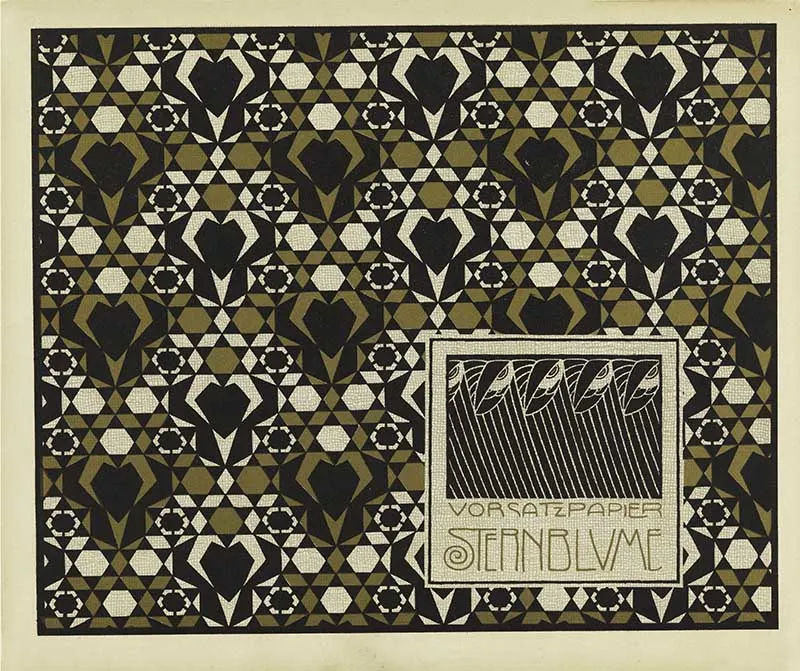 Abstract geometric pattern of diamonds, hearts, flowers in black and gold on cream, creating a kaleidoscope effect. Box in lower right contains bird's head and leaf on stems motif in black with text in gold: VORSATZPAPIER / STERNBLUME. Verso: Title of portfolio in text block in gray, upper left. Pattern of flowers, squares, triangles, circles in gray on cream.