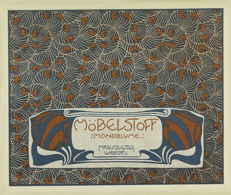 Art Nouveau Print: Abstract pattern of shell, leaf, bean-shaped motifs in turquoise and orange-red. Lower center, box with text in orange-red and turquoise: