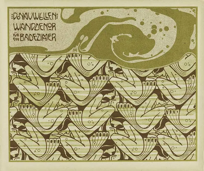 Large wave motif in brown and chartreuse in text box across top. Abstract crouching mermaids facing in alternating directions in brown and chartreuse.