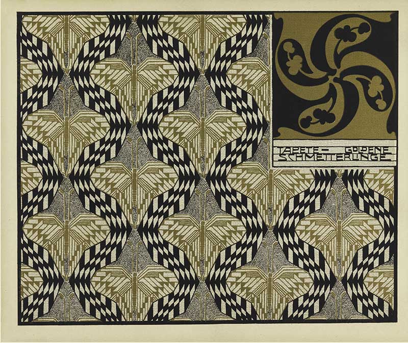 Vertical design of abstract butterflies in gold and black alternating with black and white undulating checked pattern. Kolomon Moser Art Nouveau